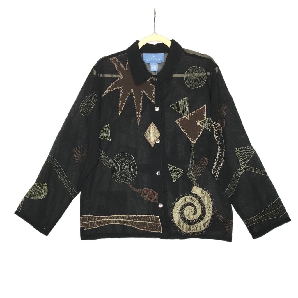 HALF MOON BAY Patchwork Blouse Women Sz L Black Embroidered Retro Boho Goth Y2K