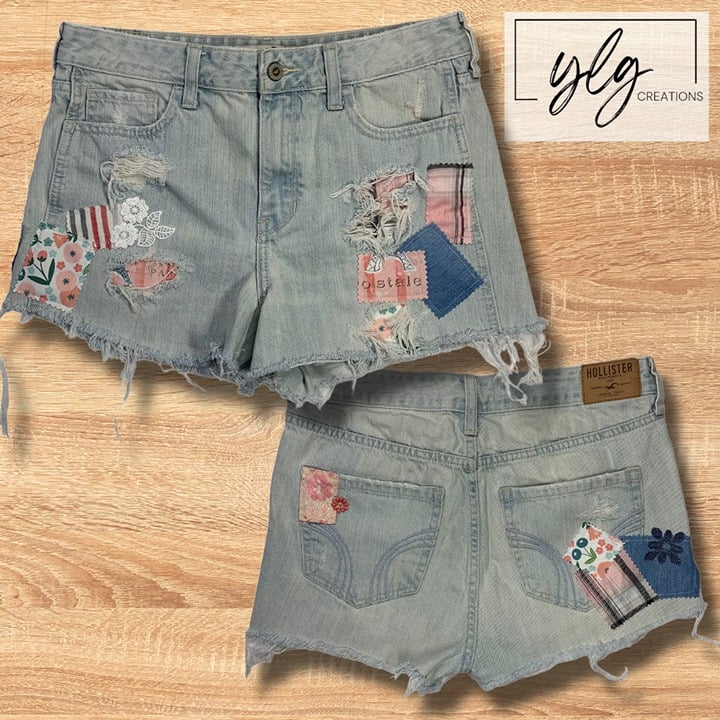 Hollister Junior Denim Jean Shorts Pink Paris Flower Boho Cut Off Rips Patched