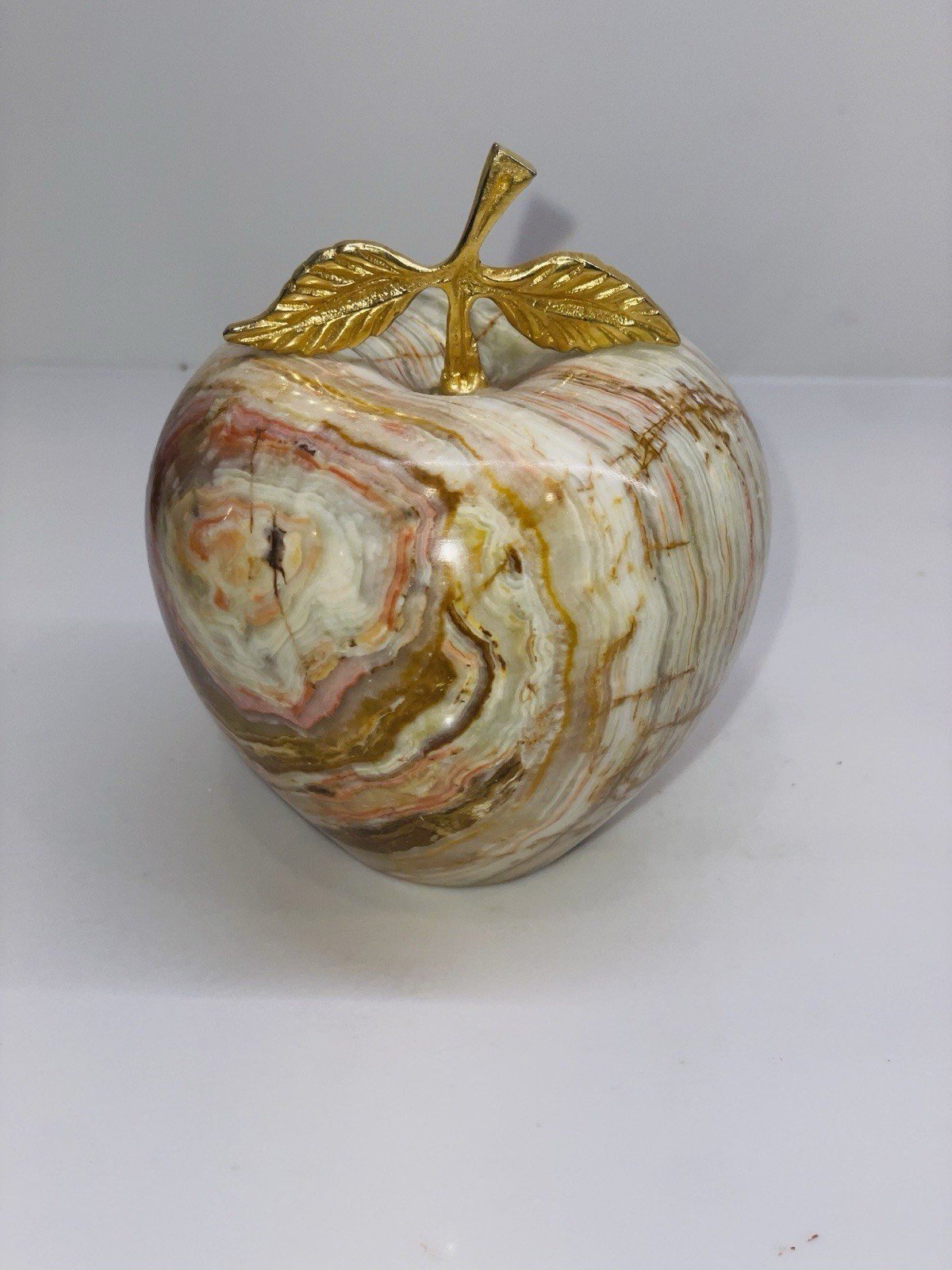 Large Onyx Marble Apple Paperweight with Gold-Tone Stem & Leaves