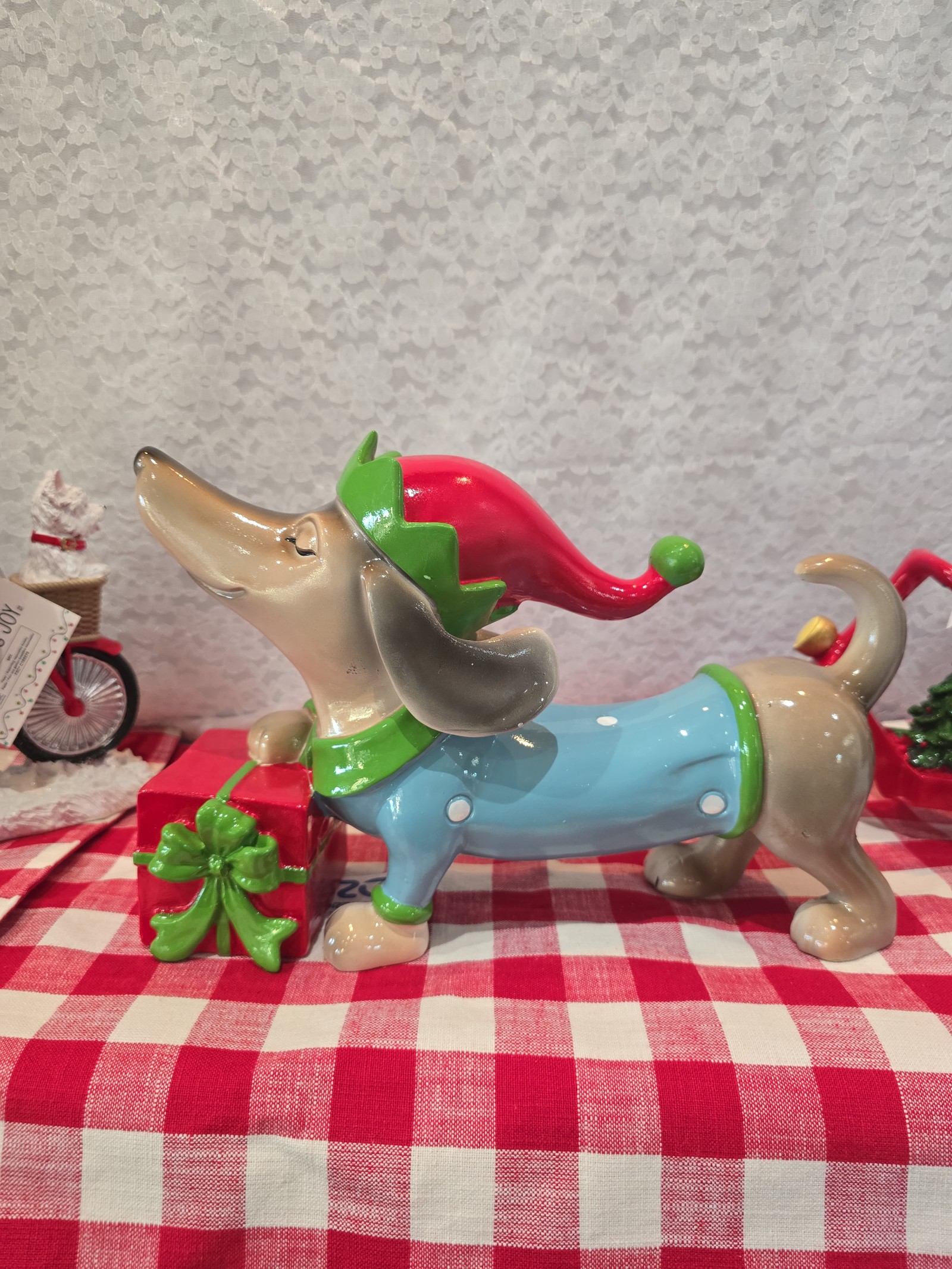 Festive Dachshund Christmas Figurine.