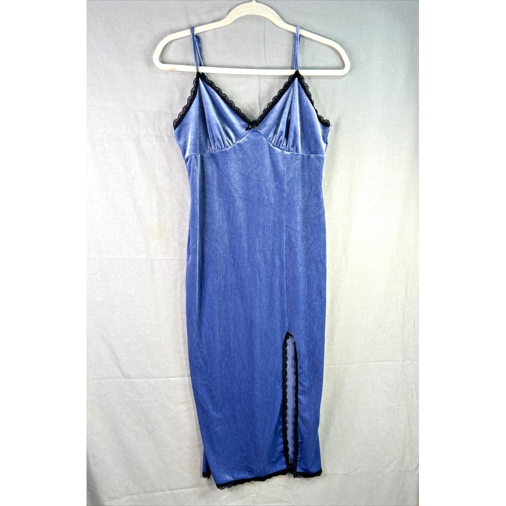 Forever 21 Slip Dress Womens L Blue Velvet Midi Bodycon Baby doll Fairy Grunge