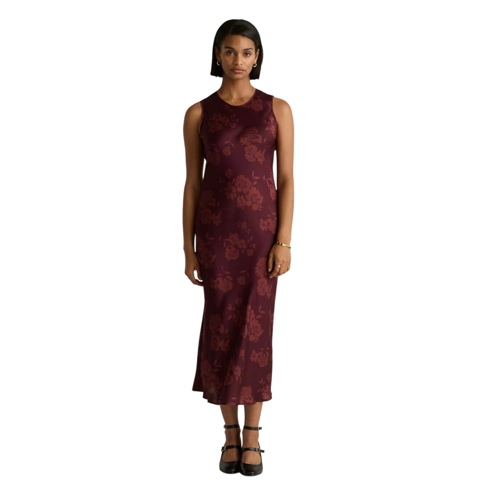New Flawed Quince Washable Stretch Silk Tank Midi Dress Size S Ruby Noir 1340
