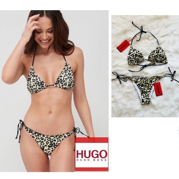 New! Rare HUGO Boss Logo Animal Print Triangle Bikini Top & Bottom Swimsuit