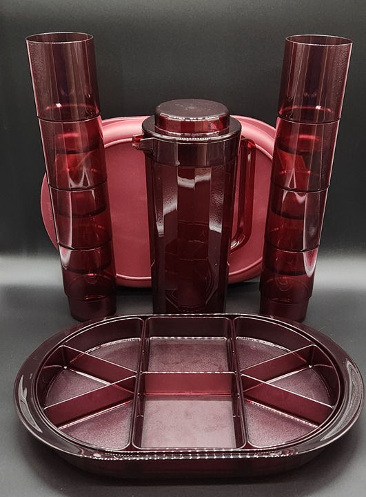 Vintage Tupperware Cranberry Sectioned Serving Tray, Pitcher & 8 cups