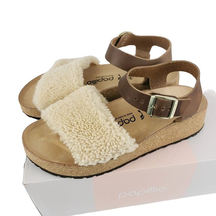 BIRKENSTOCK Papillio GLENDA TEDDY Shearling Leather Sandals EGGSHELL Size EU 41