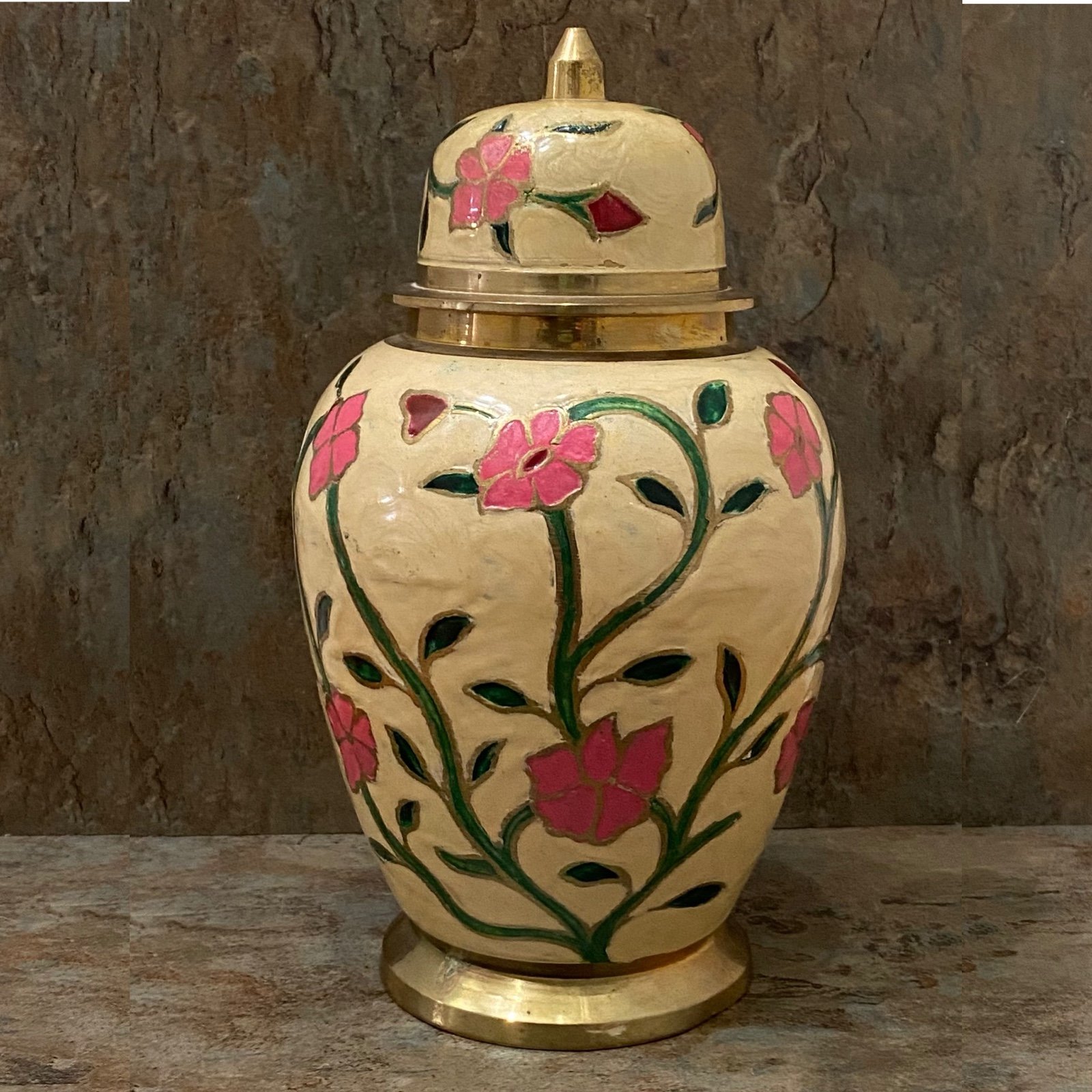 Vintage Solid Brass Floral Enamel Pink Flowers Beige Ginger Jar Urn Lidded Vase