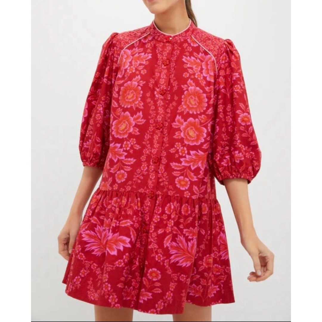 NEW Farm Rio Womens Size Medium Olivia Red Floral Puff Sleeve Mini Dress 198