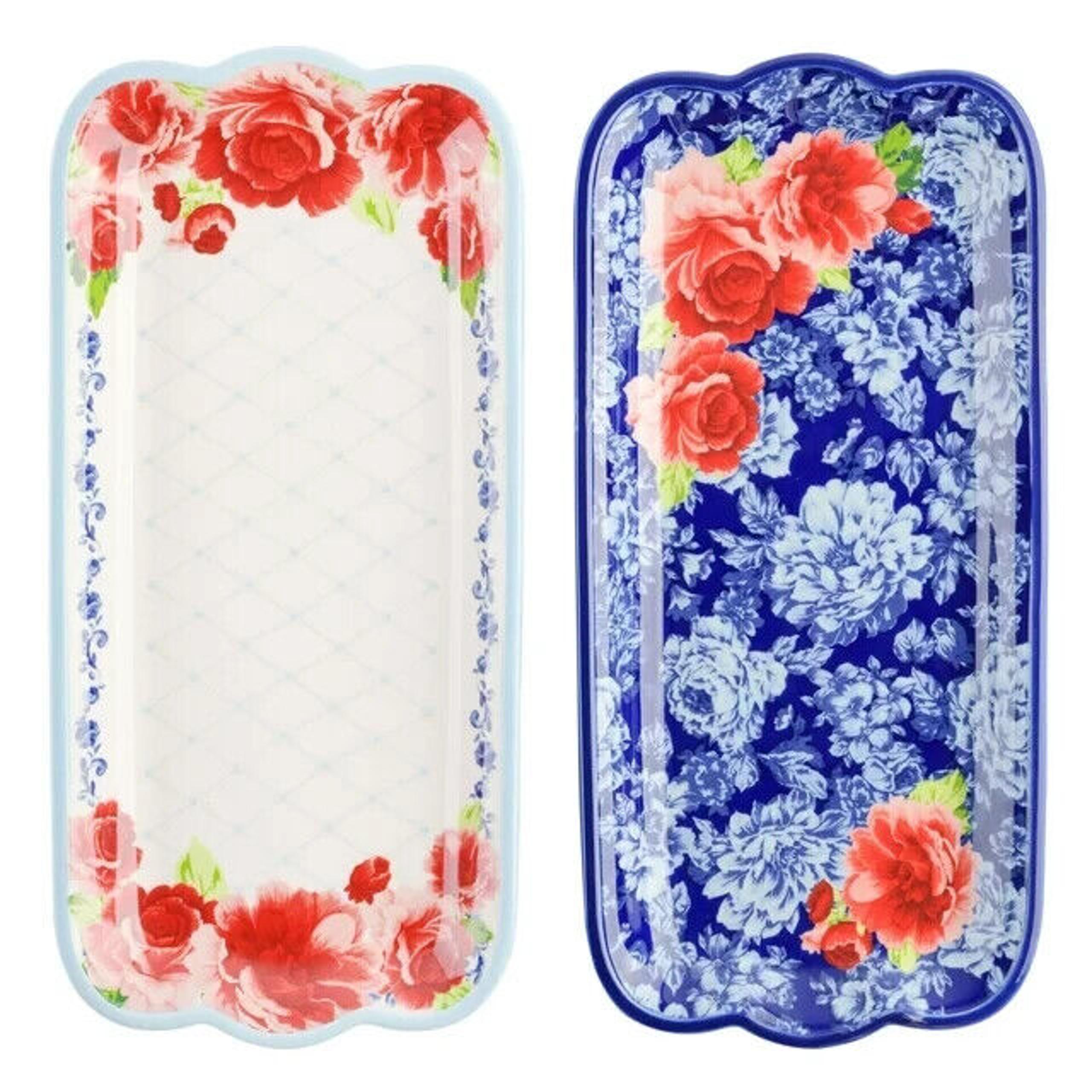 Pioneer Woman Serving Platters Frontier Rose Blue Floral 14.17" Ceramic Tray 2Pc