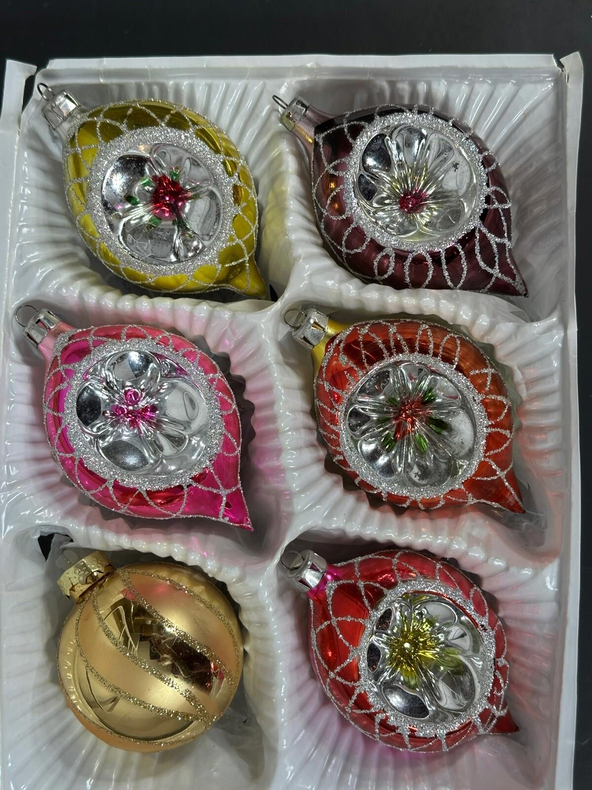 6 Christmas Mercury Glass Balls Ornaments 5 One Sided Indented Teardrop 1 Round