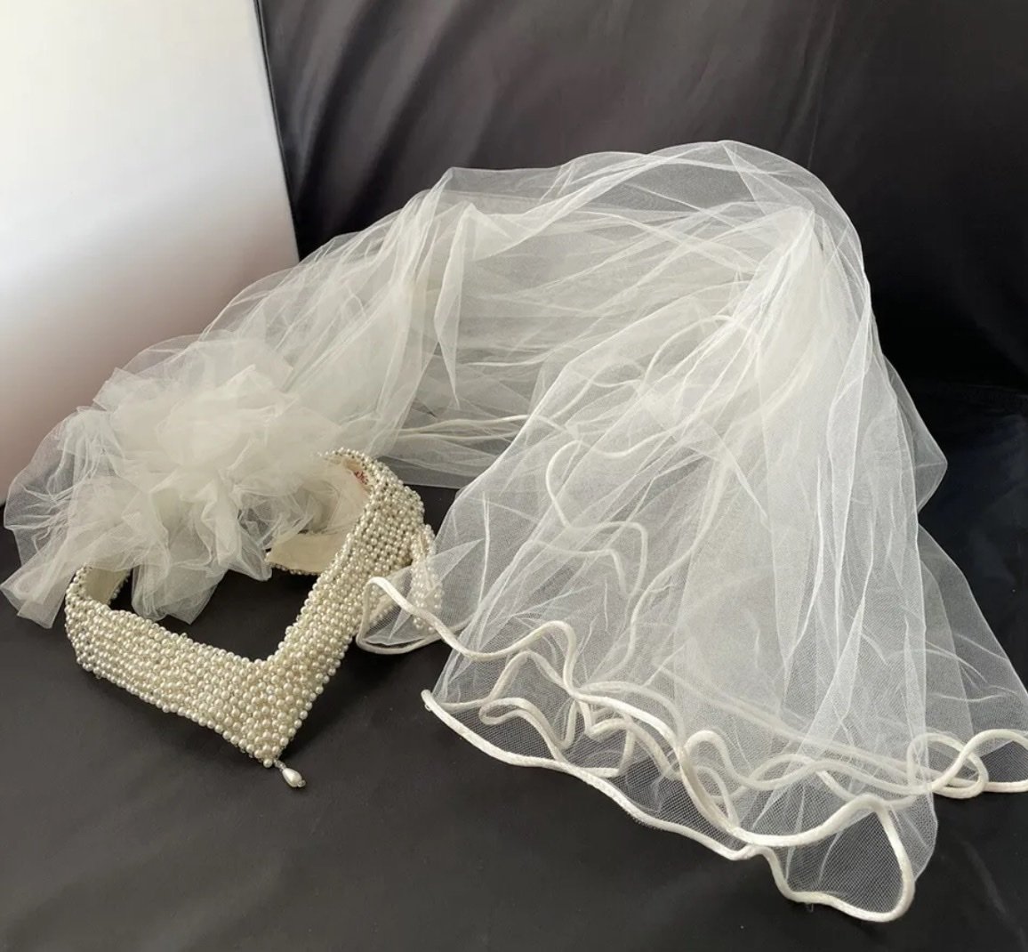 Vintage Bridal Veil by Margot Meier Pearls Sequins+Girl Basket Floral Petals