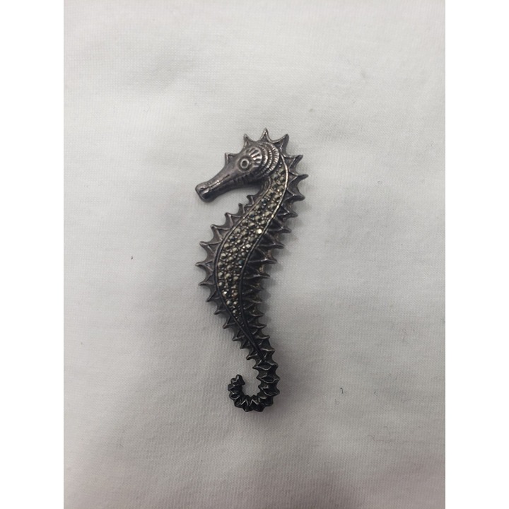 Vintage Sterling Silver Marcasite Seahorse Brooch Unmarked Pin Pre-Owned
