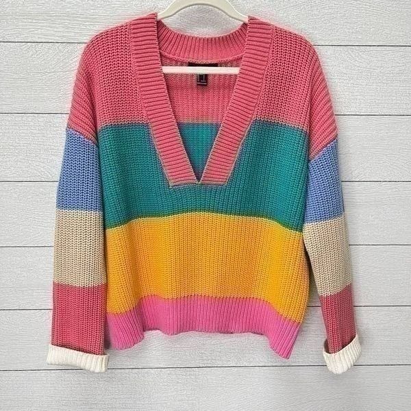 Forever 21 Rainbow Bright Multi-Colored Striped Knit V-Neck Sweater Size S
