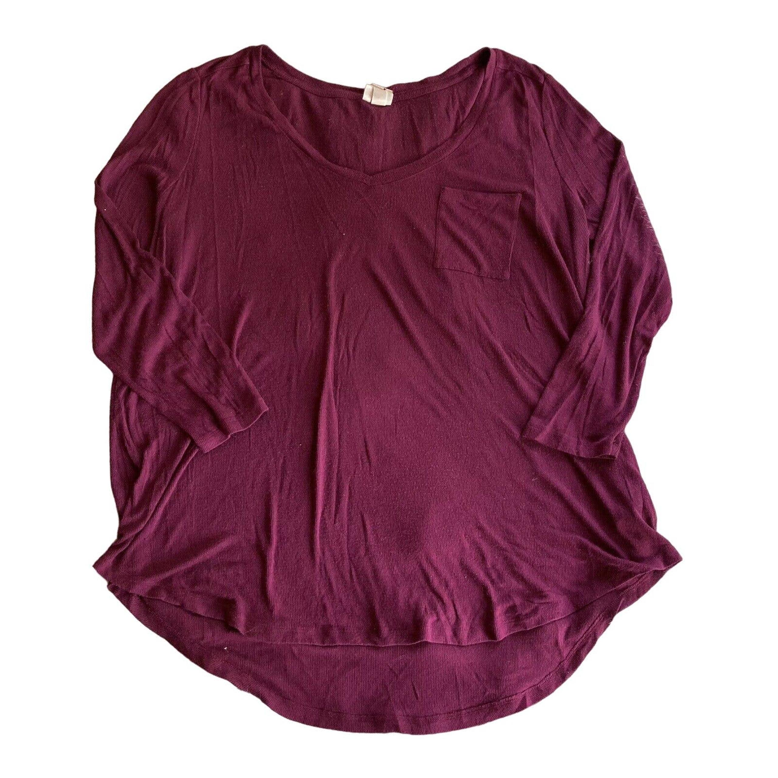Merona T Shirt Sz XXL Long Sleeve V-Neck Pullover Pocket Womens Red Burgundy