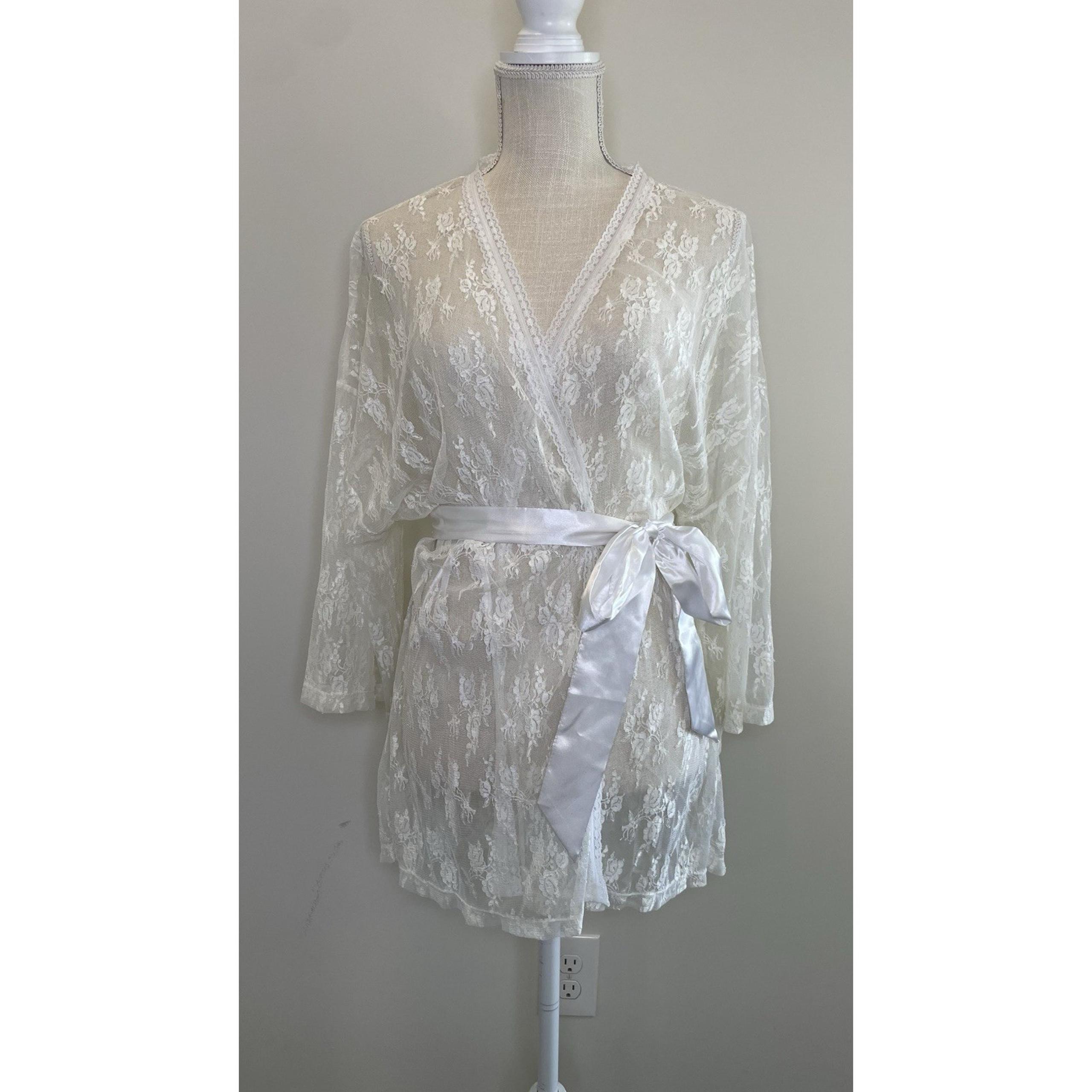 Vintage Fredericks Of Hollywood L Lace Floral Robe Ivory 3/4 Fairy Wedding Bride