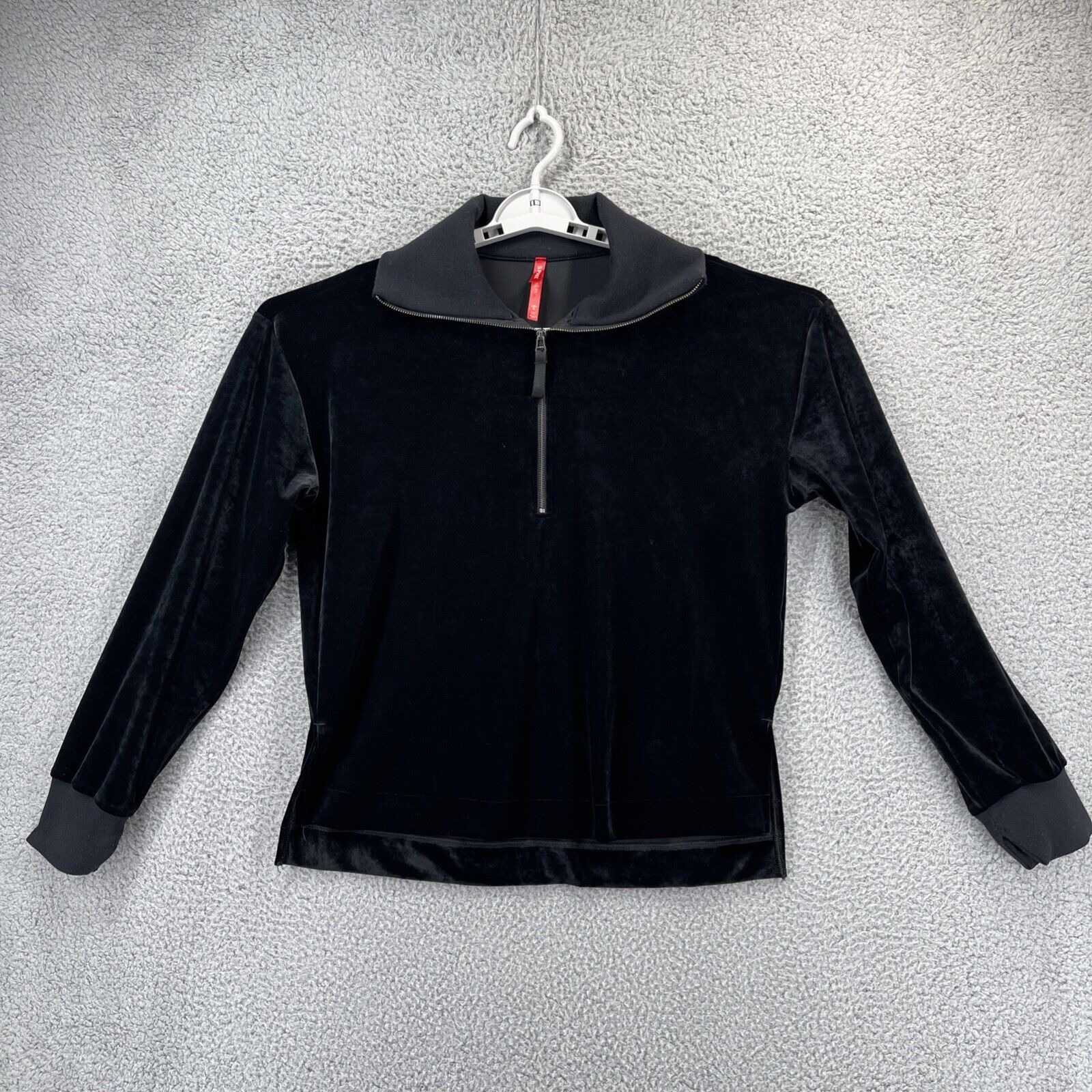 Spanx Sweatshirt Women Large Black Velour Style Half Zip Boxy Pullover Lounge