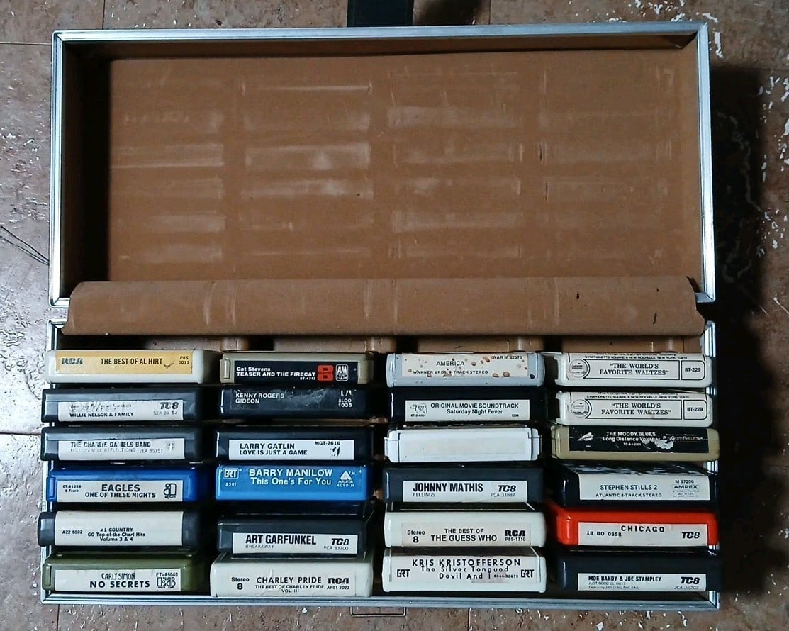 8 Track 24 Tape Brown Carrying Case With 24 Tapes Eagles Chicago Moody Blues