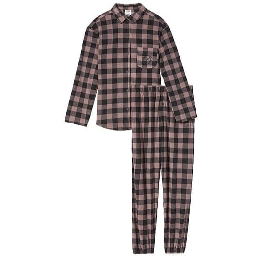 NEW XXL VS PINK Polar Fleece Jogger Pajama Set in Darker Iced Coffee Plaid