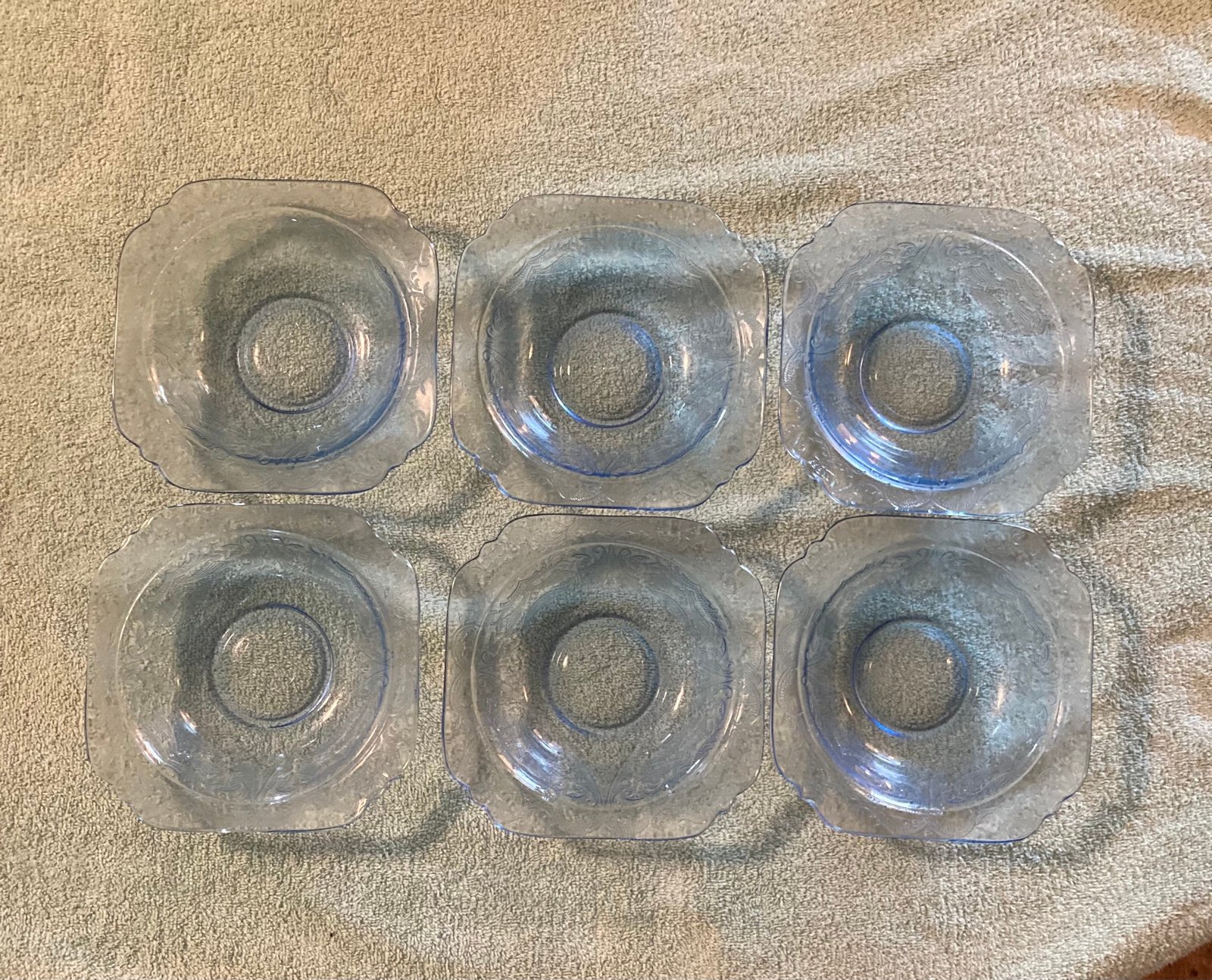 Federal Glass Madrid Pattern Square Clear 7 Bowls Set of six Depression Glass.