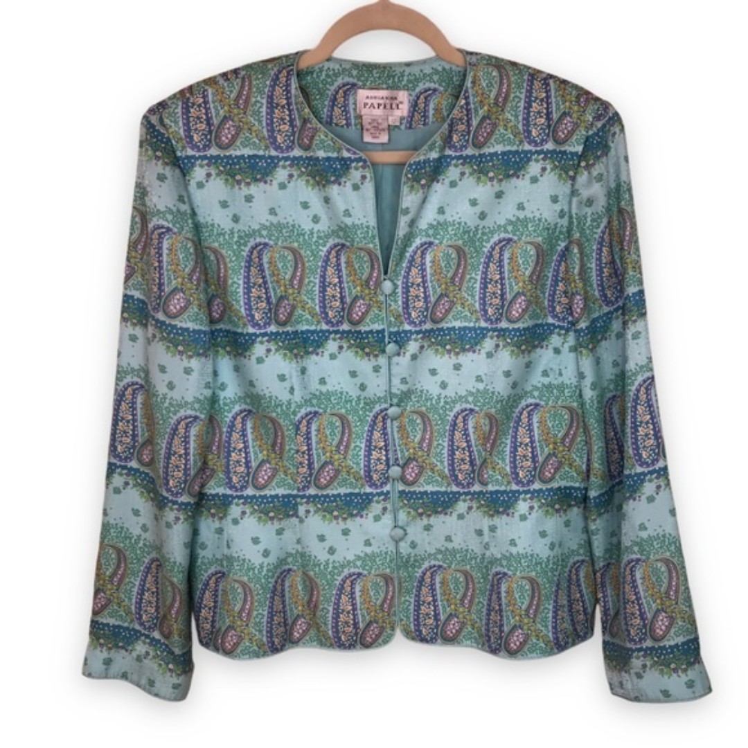 Vintage Adrianna Papell Paisley Silk Jacket Button Front Round Neck Women 12