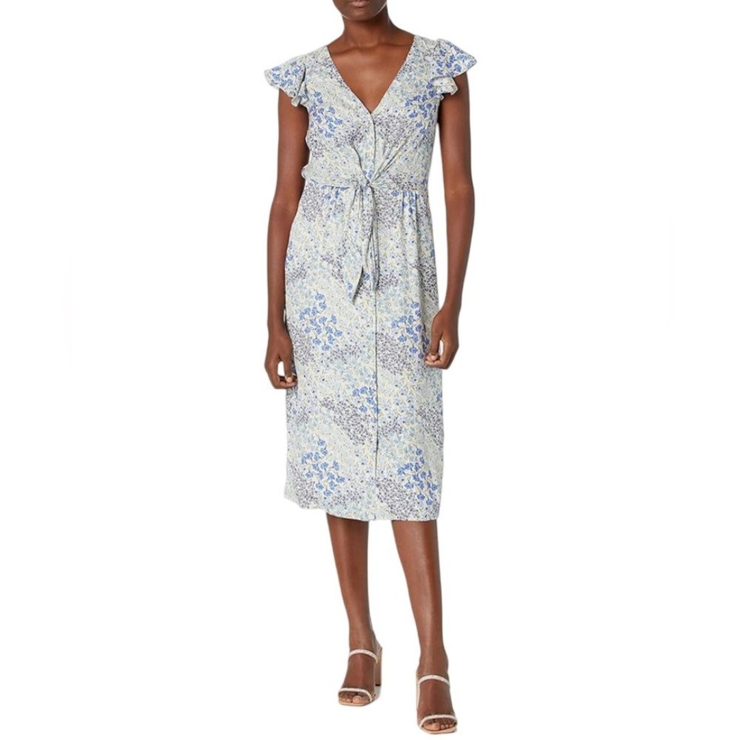 Rebecca Taylor Ava V-Neck Floral Print Midi Dress with Flutter Sleeve. Size 6