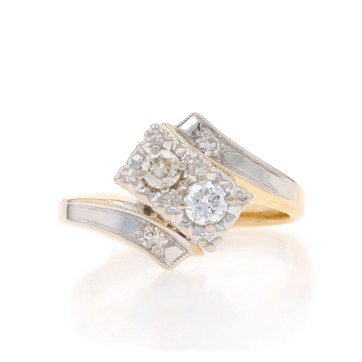 Yellow Gold Diamond Retro Bypass Ring 14k European .4ctw Ribbon Two-Stone LX4164