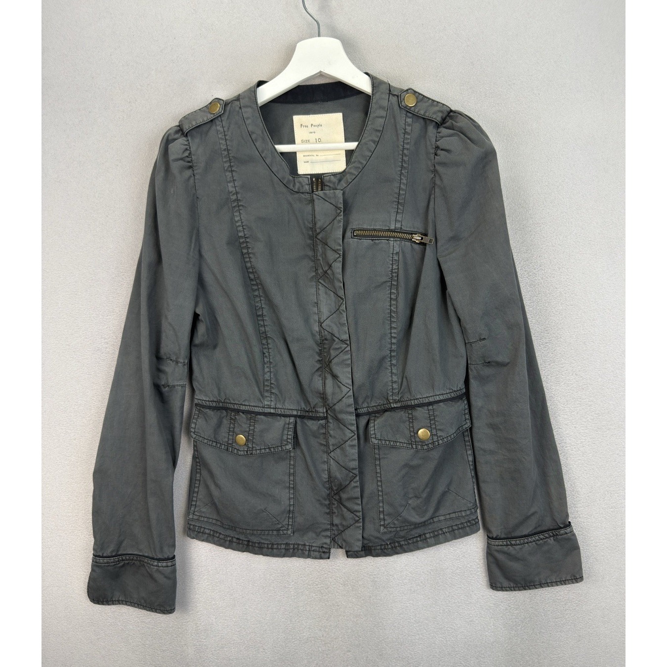 Free People Women's Sz 10 Gray Utility Military Fitted Cotton Pockets Jacket