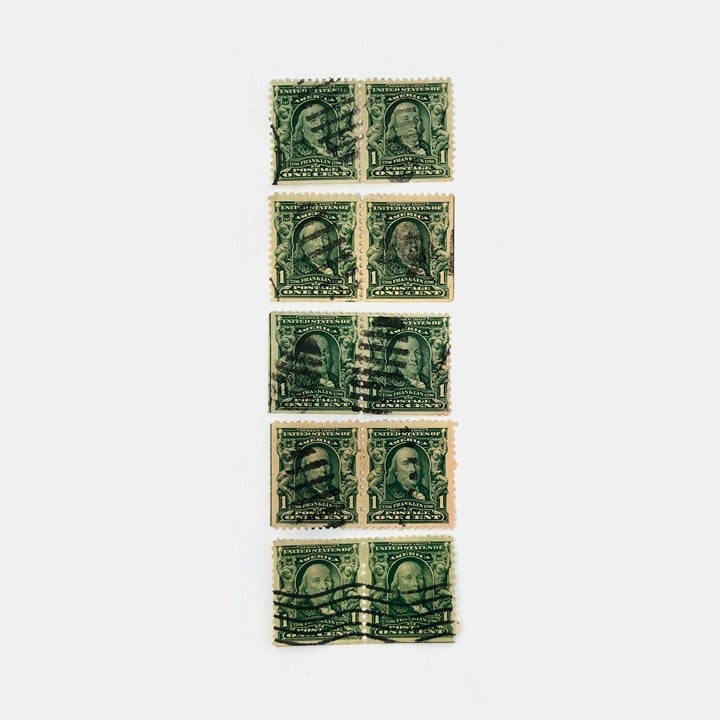 Set Of 5 Pairs Of Antique One Cent Used Benjamin Franklin Stamps