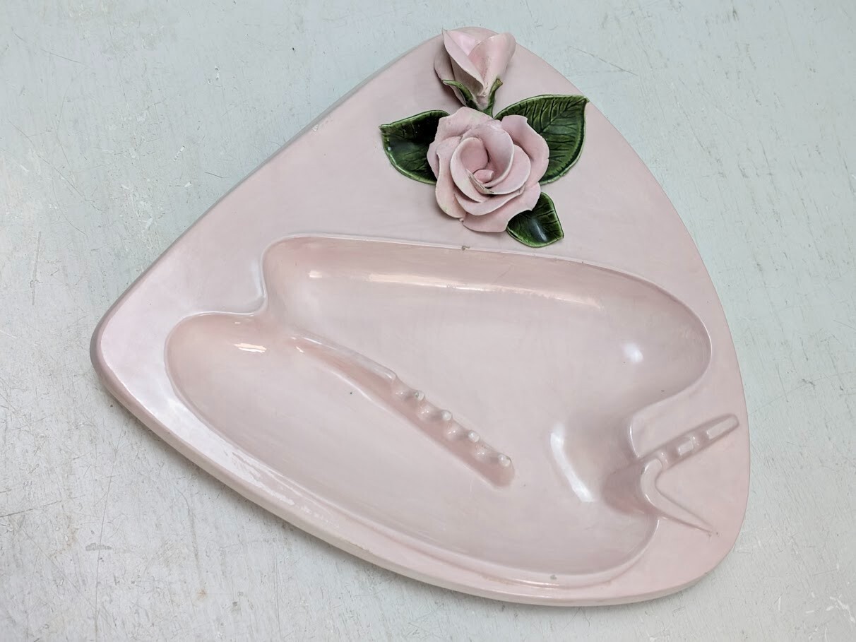 Vintage 1960 Large Pink Ashtray Ceramic Roses Leaves Rare 10 Inscribed VTG