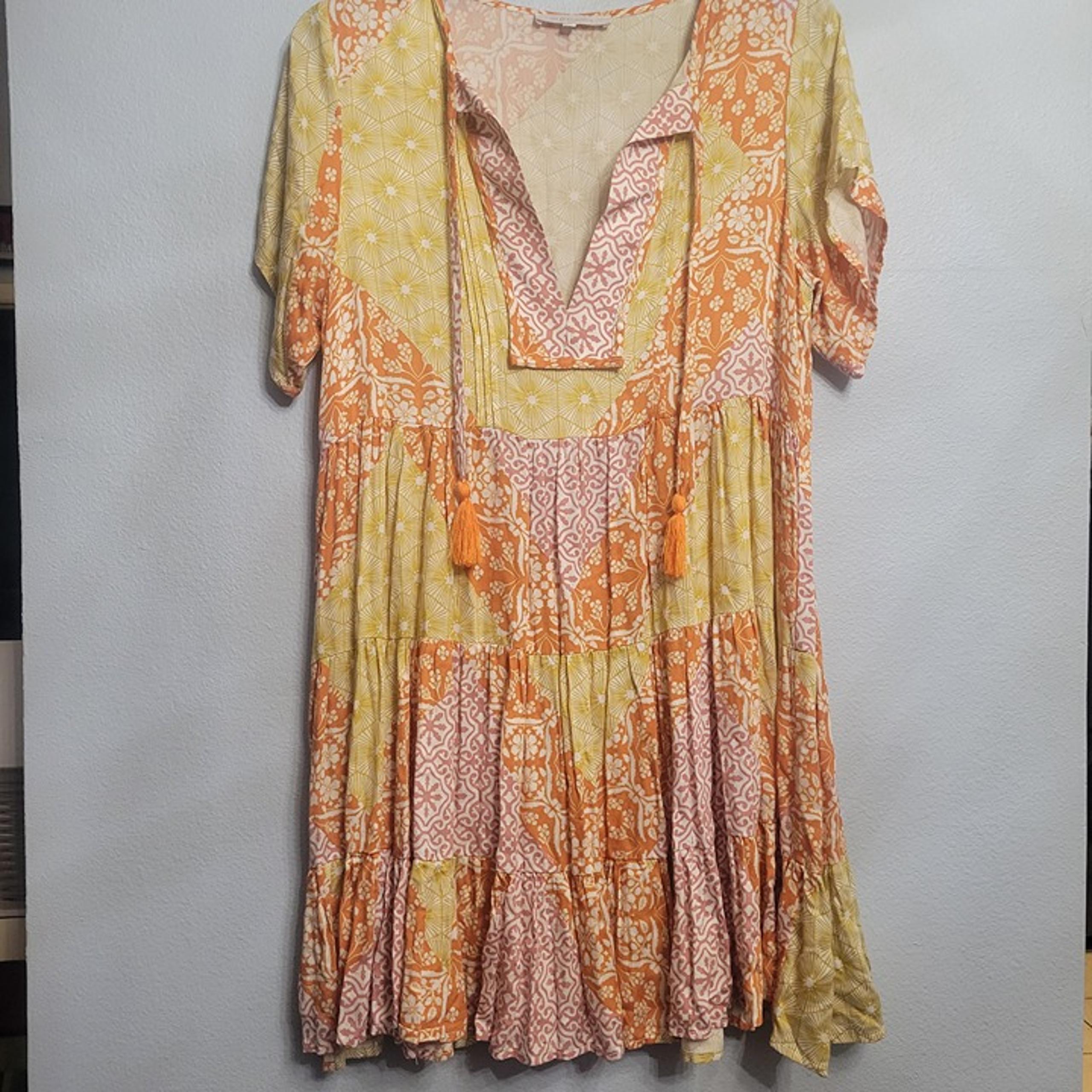 Olivaceous Womens Bohemian Print Butterfly Sleeve V-Neck Tassel Casual Dress MED