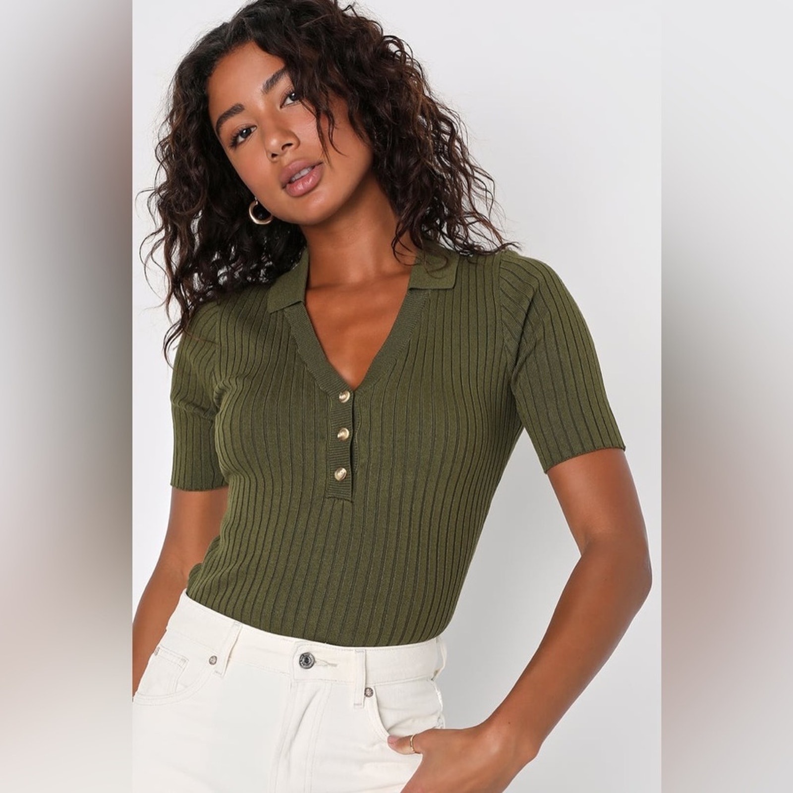 Lulus Favorite Finish Olive Green Ribbed Henley Sweater Top Size Small NWT