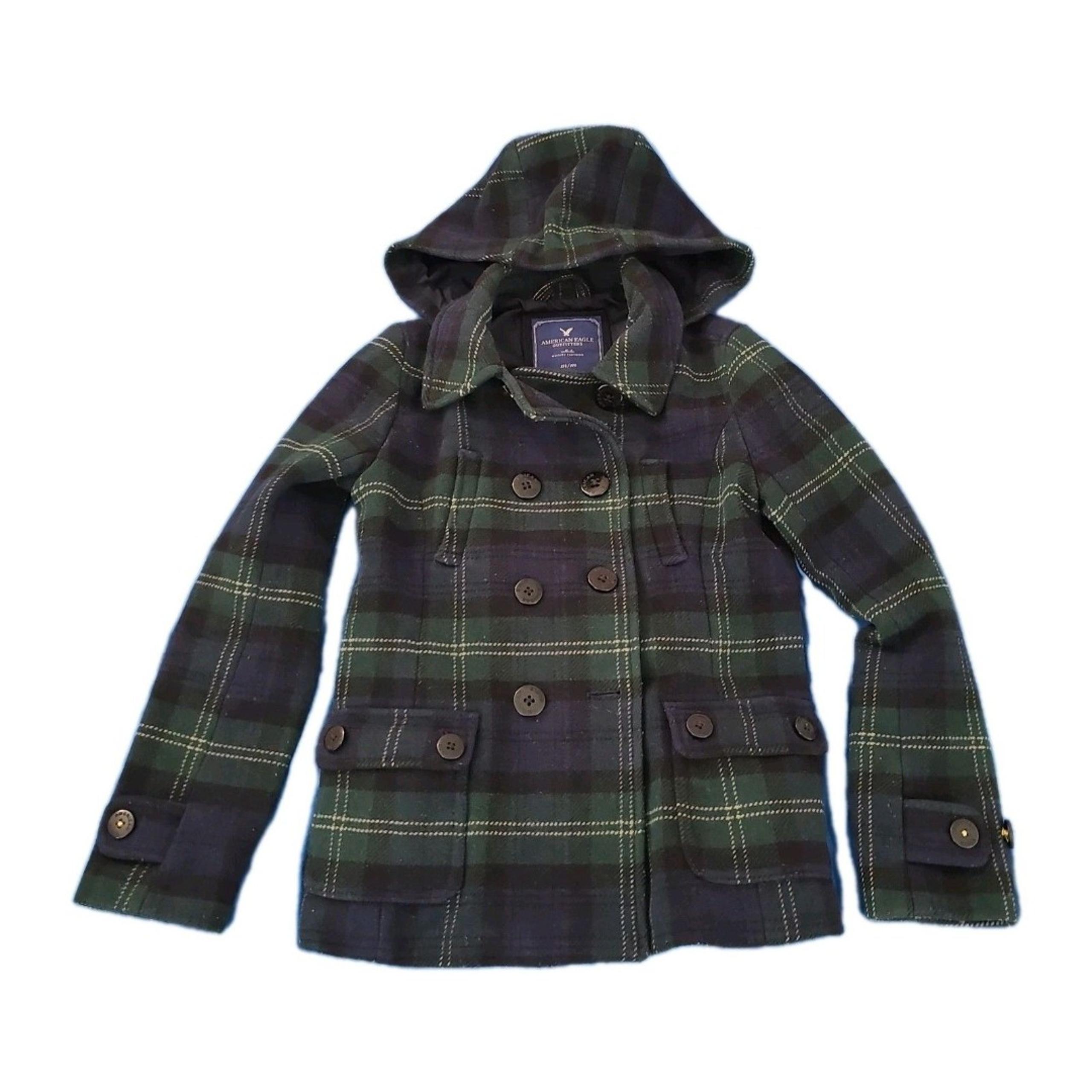American Eagle Wool Pea Coat Womens Medium Green Blue Plaid Button Pockets *READ