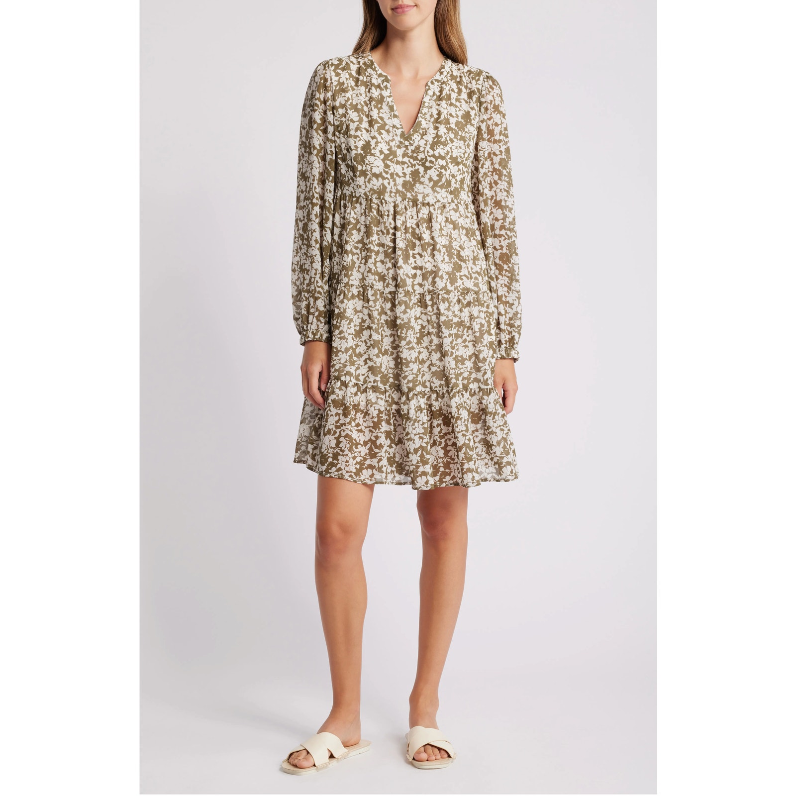 Caslon Print Long Sleeve Tiered Dress - Floral Elegance