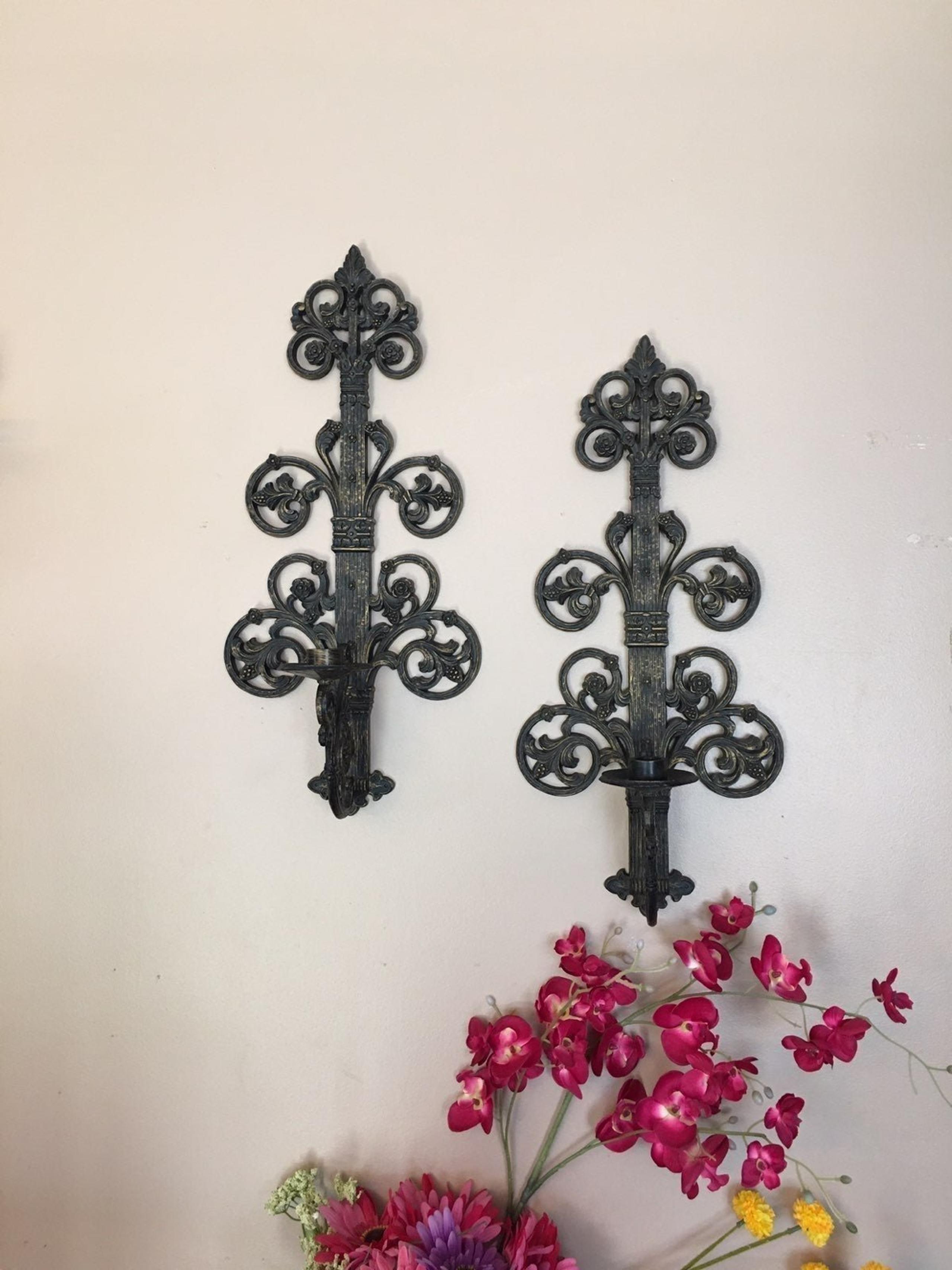 2 Vintage Large Syroco Homco Candle Holder Sconces Mounted Black & Gold 1963