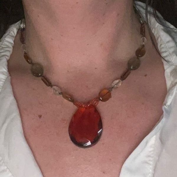 Vintage Czech Beaded Amber Teardrop Necklace