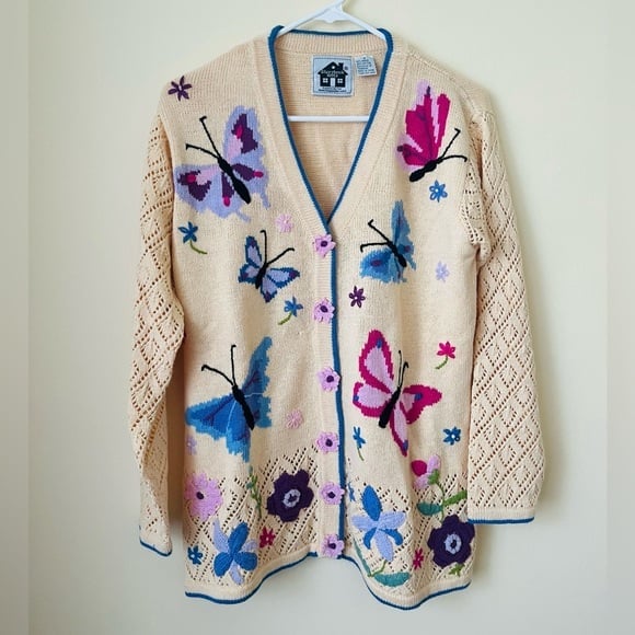Storybook Knits Cardigan Sweater Butterfly Floral Crochet Small