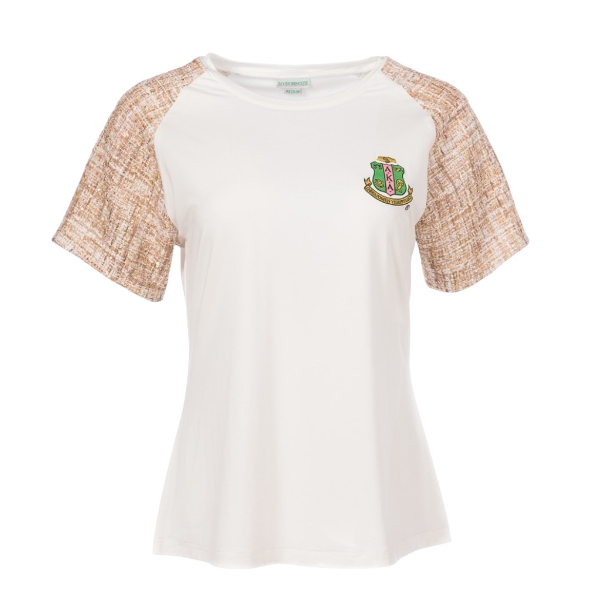 AKA short sleeve tshirt with gold speckled tweed sleeves. XL. GUC