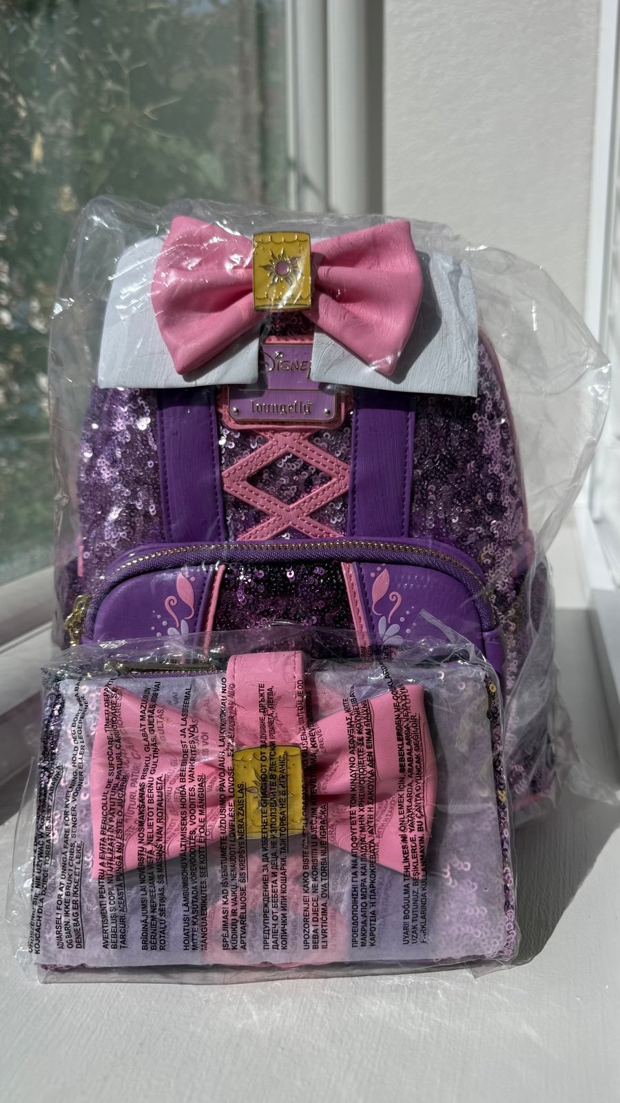 Disney Rapunzel sequin dress Loungefly backpack w/wallet