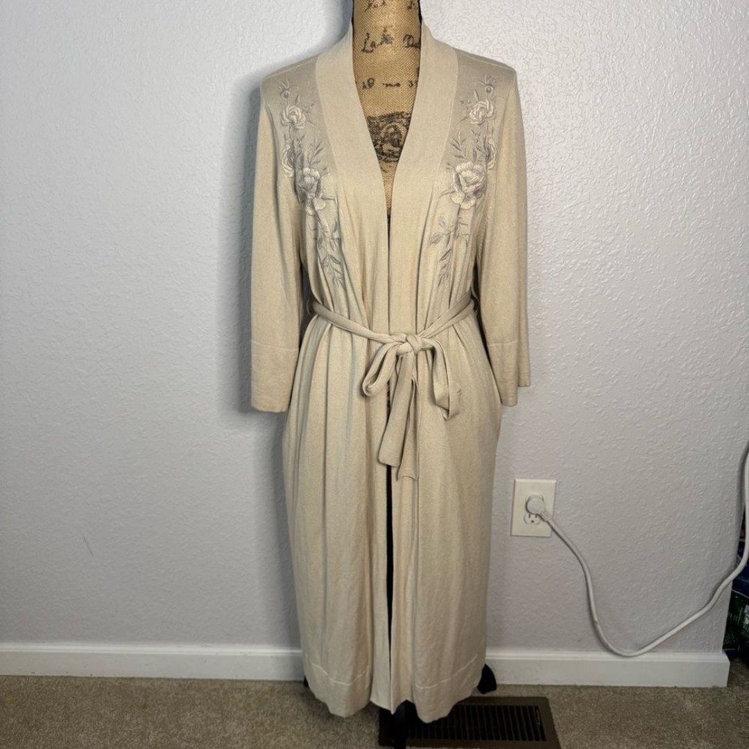 Johnny Was Beige Floral Embroidered Belted Silk Cashmere Long Cardigan Size M