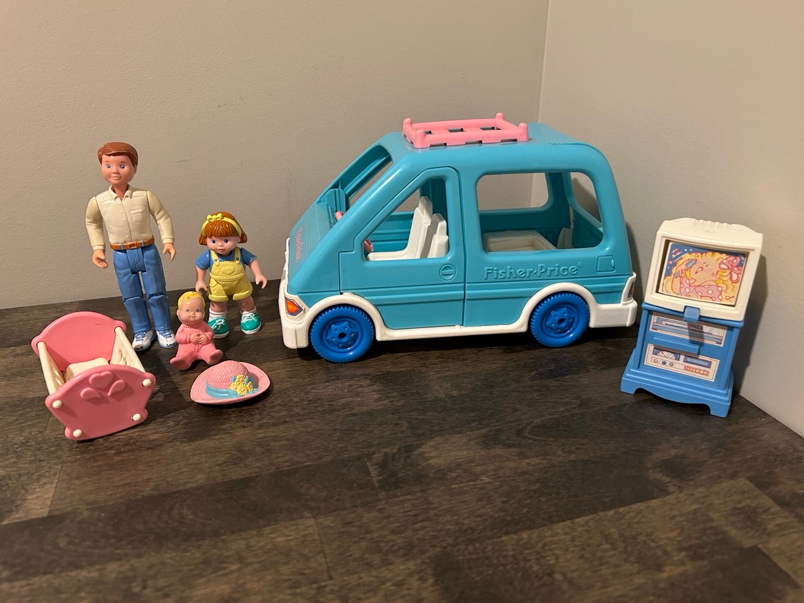 Vintage Fisher Price Loving Family Lot, Mini Van, Dad, Sister, Baby, Accessories