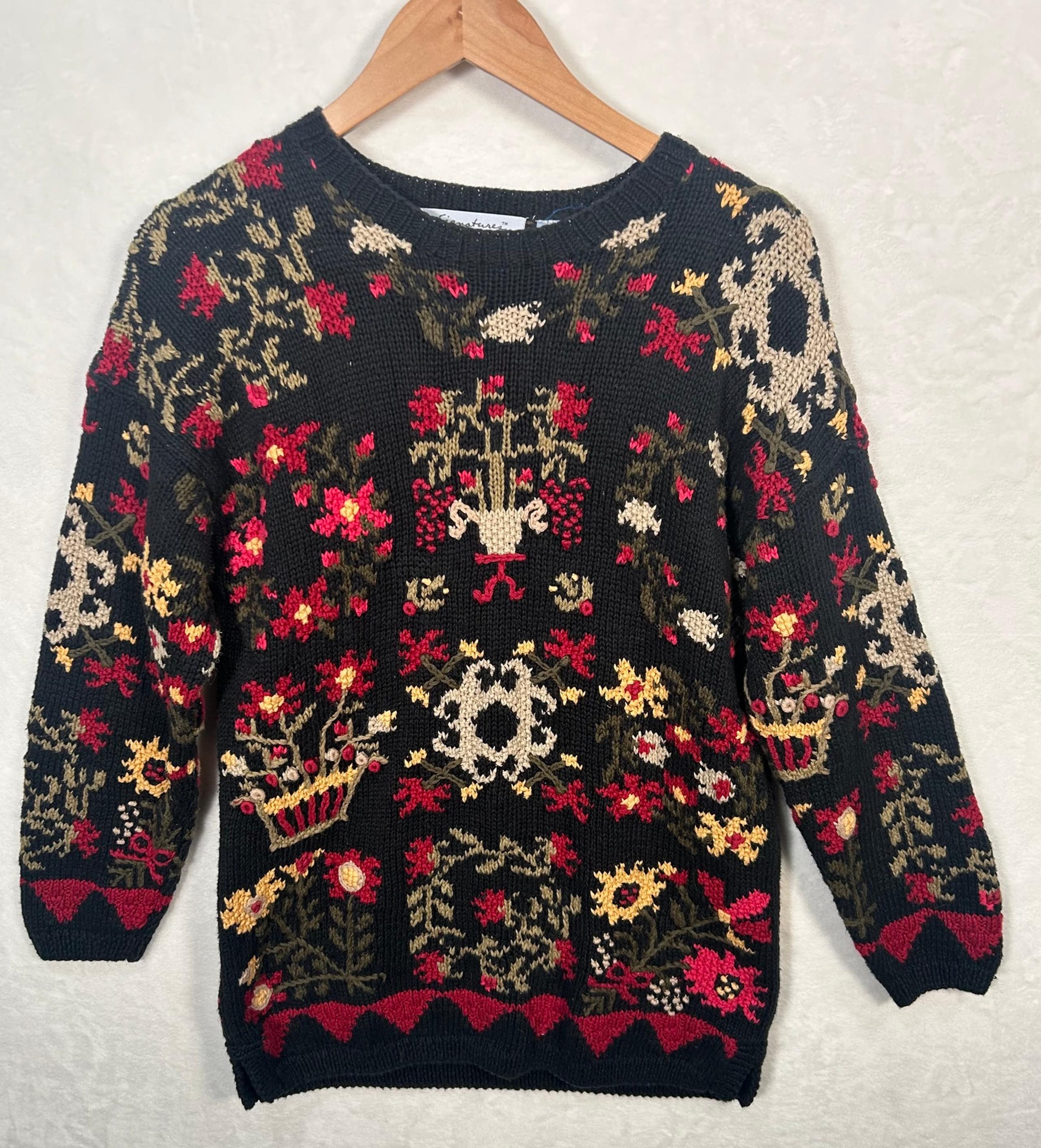 Northern Isles Embroidered Black Floral Grandma Hand Knit Sweater Womens Small