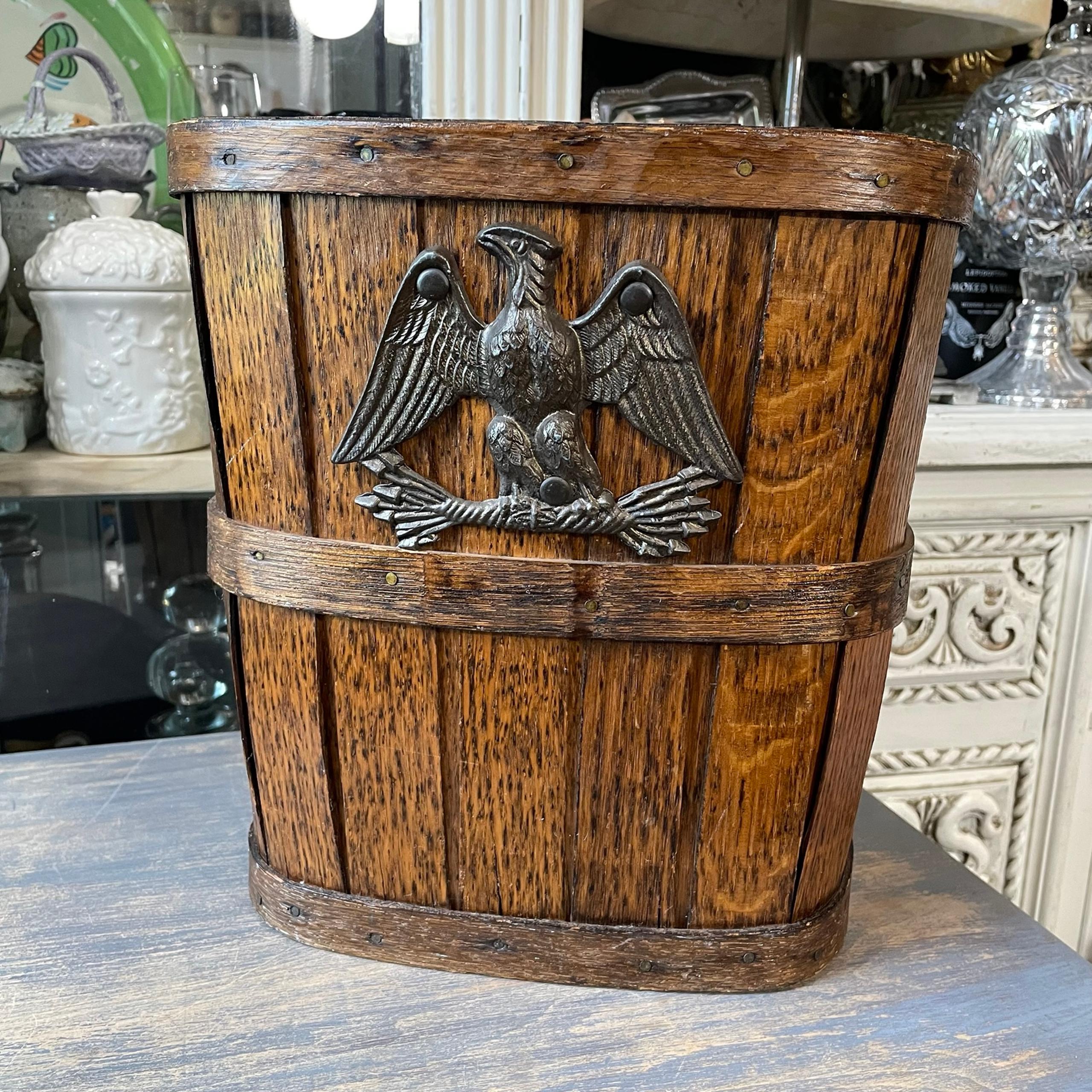 vintage Wood waste basket Antique brass Eagle Americana primitive Early American