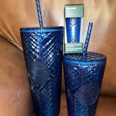 Starbucks Holiday 2022 Blue Azure Jeweled Venti & Grande Tumbler & Keychain Set