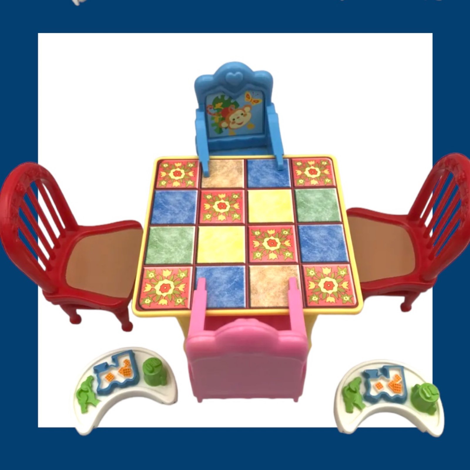 Fisher Price Loving Family Dollhouse DINNER TABLE w/RED CHAIRS & Booster Seats