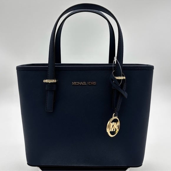 Michael Kors Jet Set Travel Extra-Small Top Zip Tote Bag Navy Blue/Gold