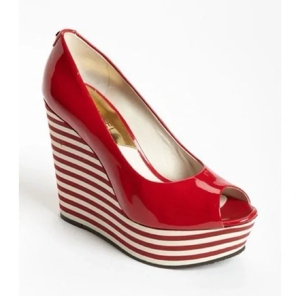 Michael Kors Adalia Red Patent Slim Striped Peep Toe Platform Wedges