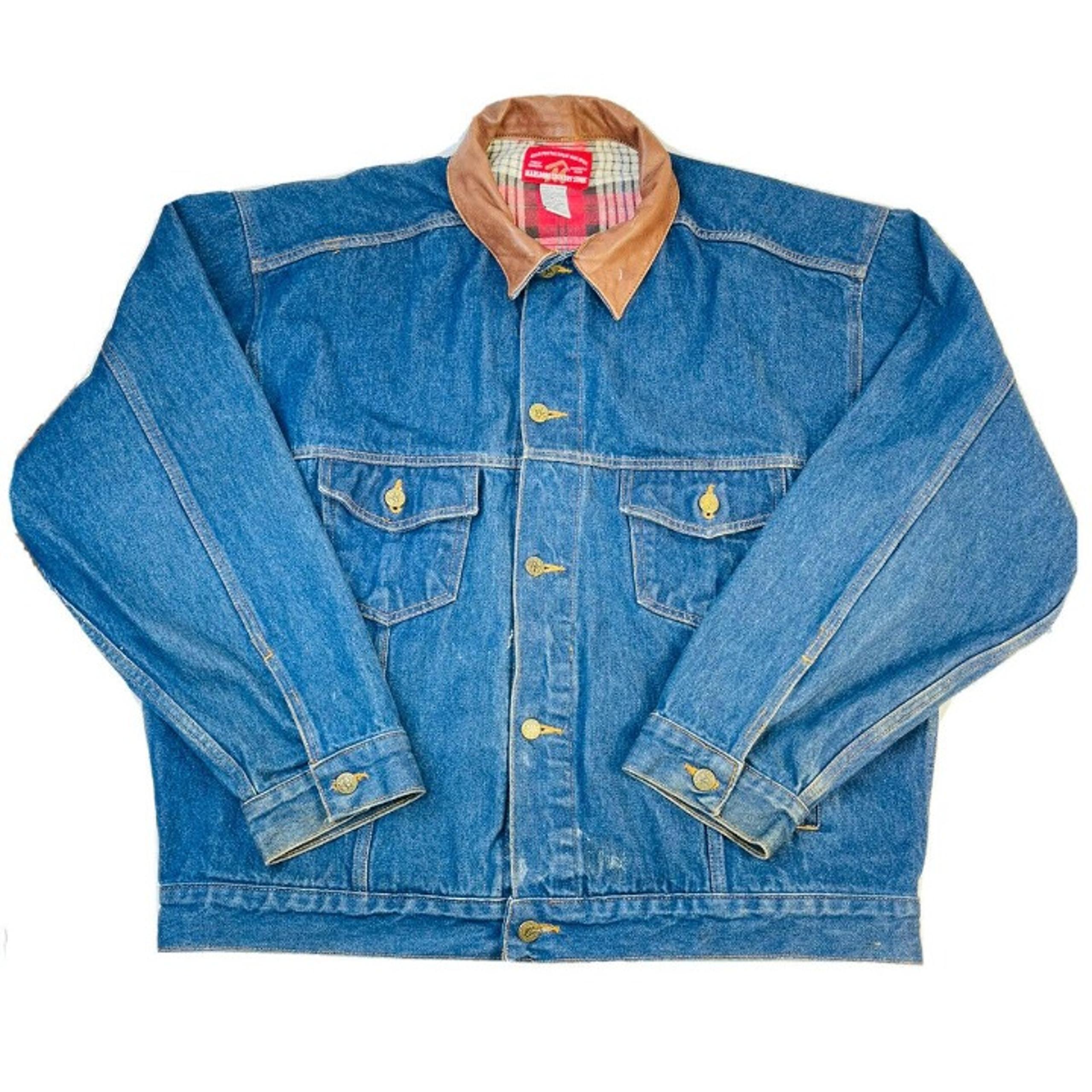 Vintage Marlboro Mens XL Leather Collar Distressed Denim Jean Button Jacket
