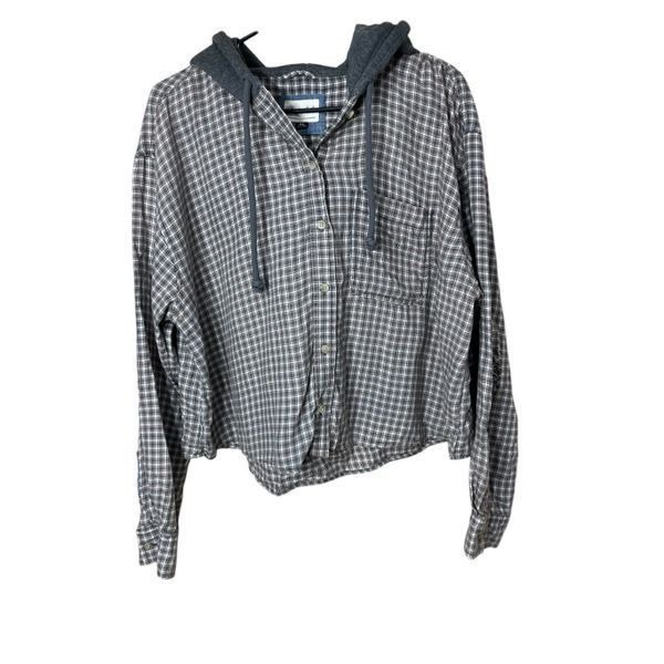 American Eagle Cropped Hooded Flannel Shirt Plaid Size XL