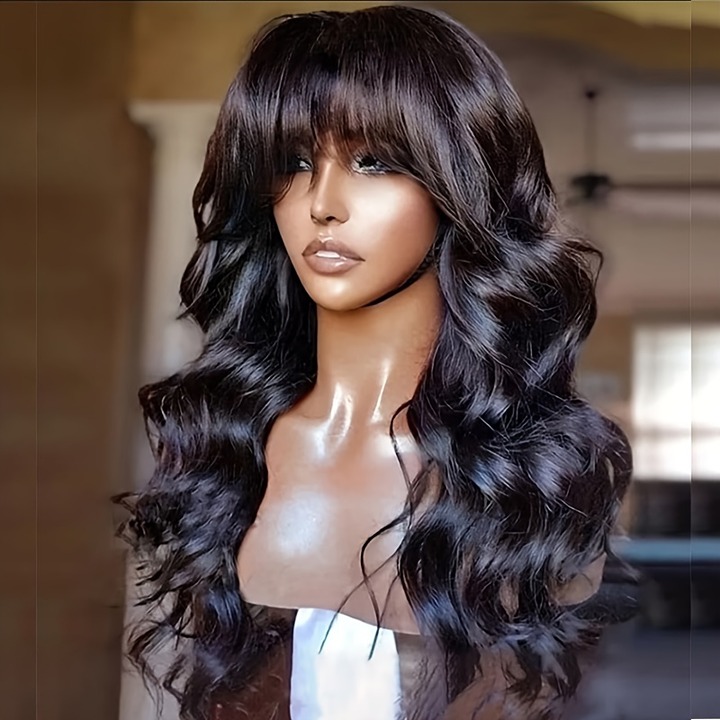 Natural Body Wave Human Hair Wig With Bangs Women Long Highlights Blonde Remy