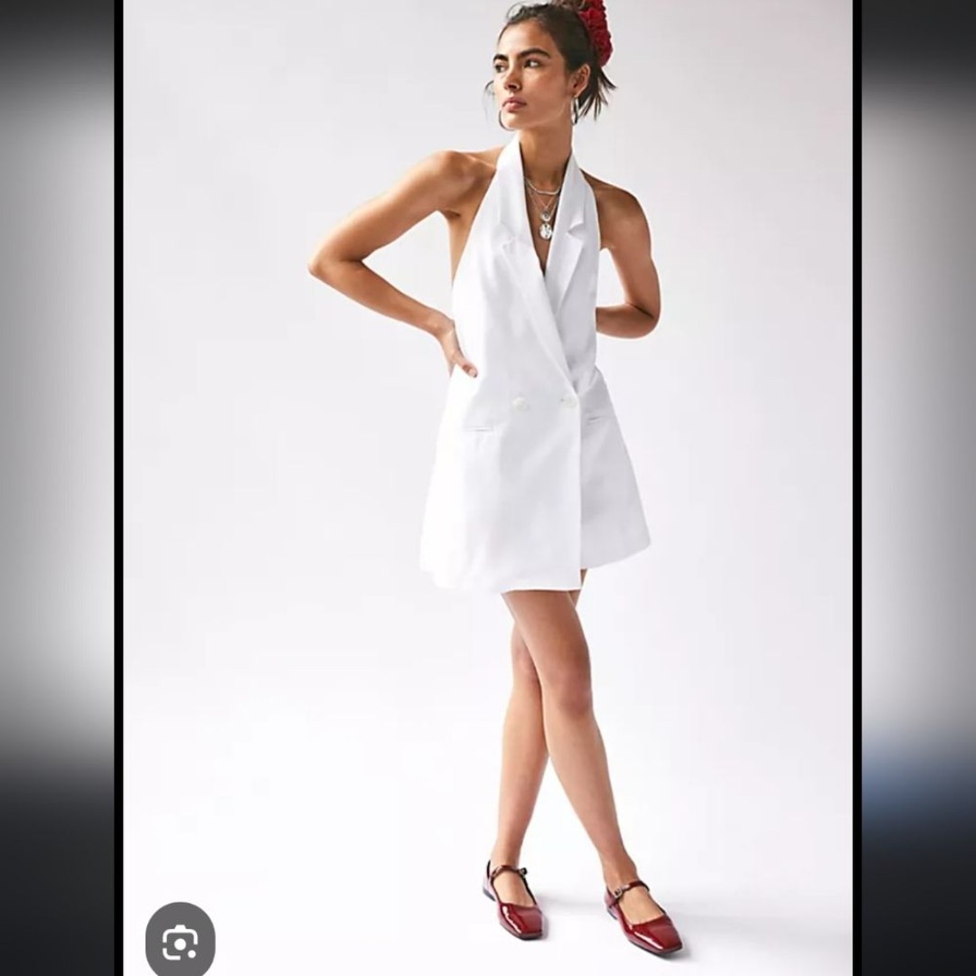 NWOT Free People Dress L Ashton Mini Dress Optic White Open Back Button Front