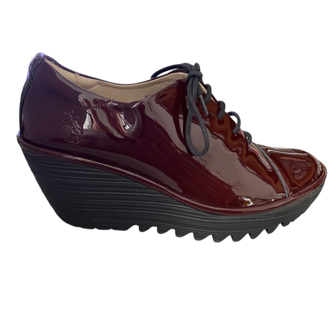 FLY London Yumify Burgundy Patent Oxford Wedge